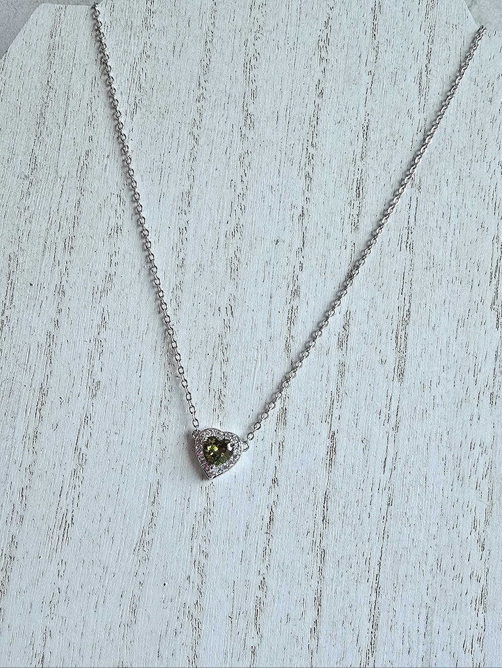 Hallmark Silver Heart Necklace with Green Center and Clear Accents